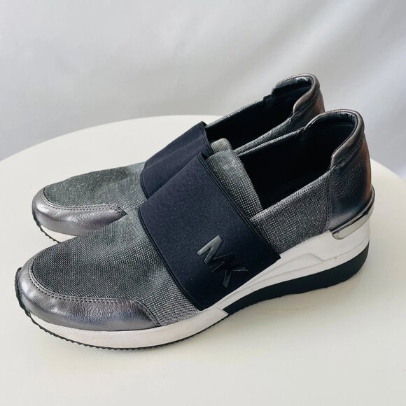 Michael Kors Womens Silver Felix Metallic Textile Leather Trainer Sneakers Sz 9M - Picture 1 of 11